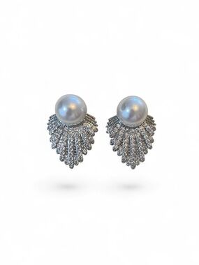 White Pearl and Zircon Fan Drop Earrings - Luxury Silver Tone